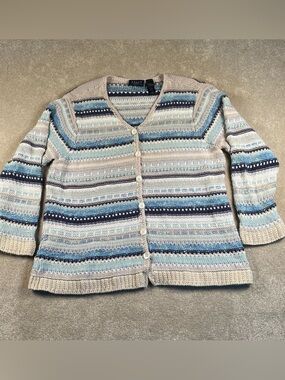 Crazy Horse Sweater Beige‎ Blue Stripes Button up Knit Cardigan Women's 2 Plus